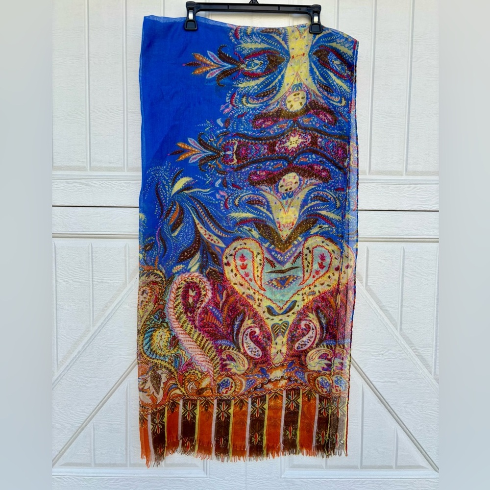 Lightweight Blue Paisley Wrap Scarf Shawl Fringe Boho Oversized